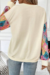 Apricot Geometric Printed Patchwork Long Sleeve Round Neck Top Long Sleeve Tops JT's Designer Fashion