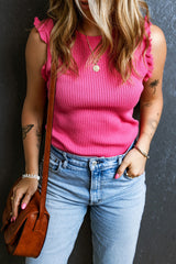 Bright Pink Frilly Trim Ribbed Knit Round Neck Tank Top Sweaters & Cardigans JT's Designer Fashion