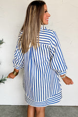 Blue Stripe Collared Half Button Side Pockets Loose Fit Mini Dress Mini Dresses JT's Designer Fashion