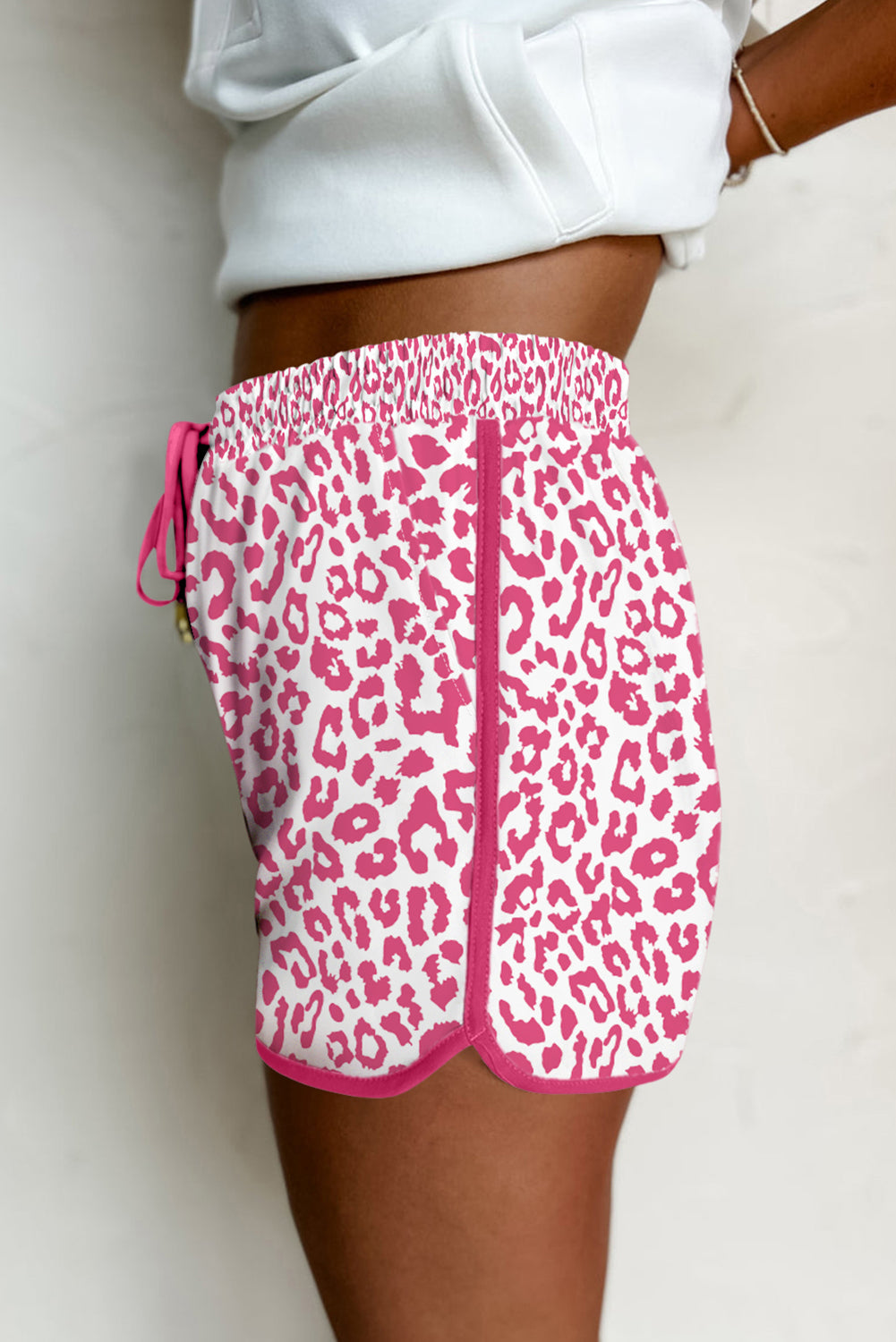 Pink Leopard Elastic Waist Lace up Contrast Trim Casual Shorts Casual Shorts JT's Designer Fashion