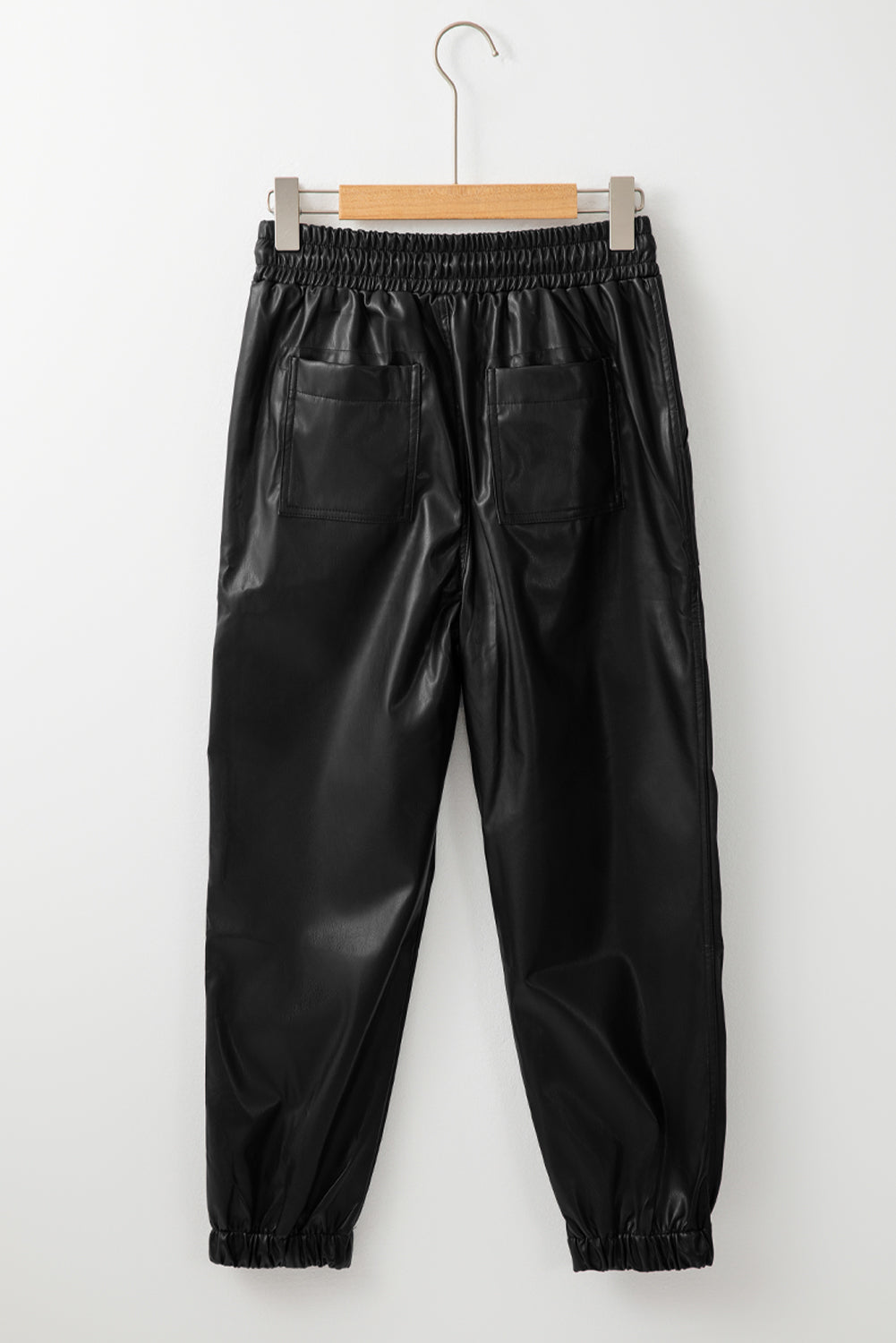 Black Faux Leather Ankle Smocked Waist Drawstring Joggers Pants & Culotte JT's Designer Fashion