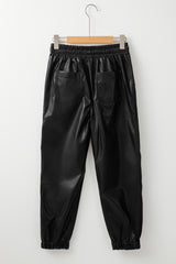 Black Faux Leather Ankle Smocked Waist Drawstring Joggers Pants & Culotte JT's Designer Fashion