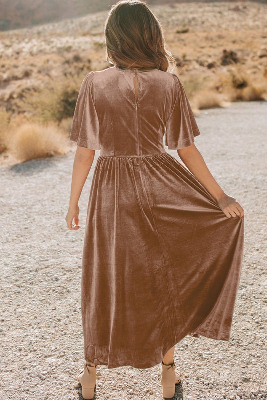 Chestnut Velvet Lacy V Neckline Short Sleeve Empire Waist Flowy Long Dress Maxi Dresses JT's Designer Fashion