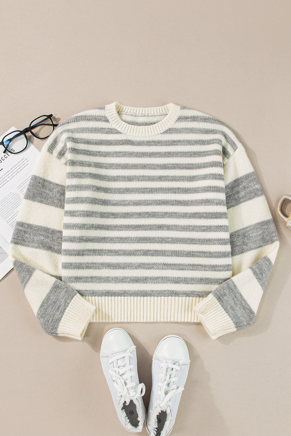 Gray Stripe Drop Shoulder Crew Neck Sweater Sweaters JT's Designer Fashion