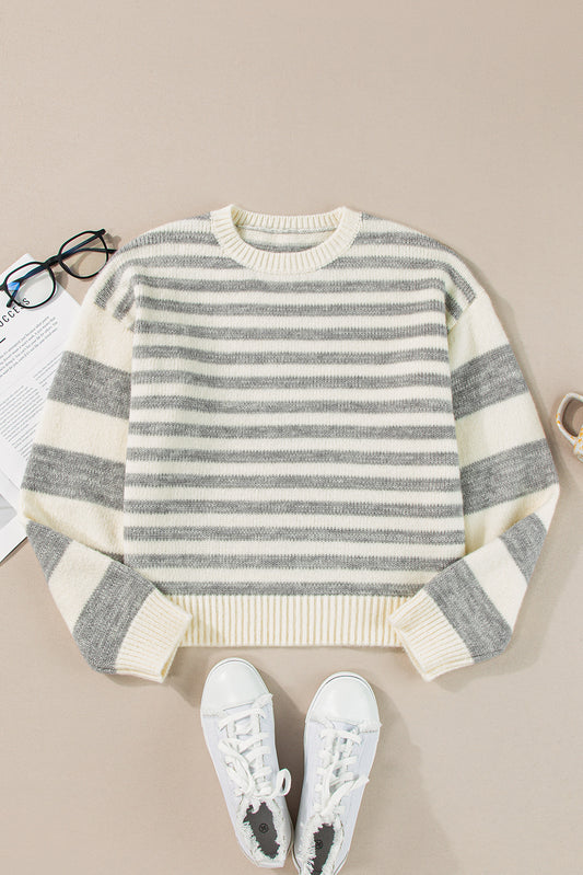 Gray Stripe Drop Shoulder Crew Neck Sweater Sweaters JT's Designer Fashion