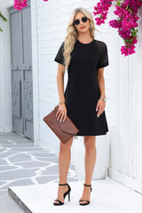 Black Contrast Lace Raglan Sleeve Pleated Detail Shift Dress T Shirt Dresses JT's Designer Fashion