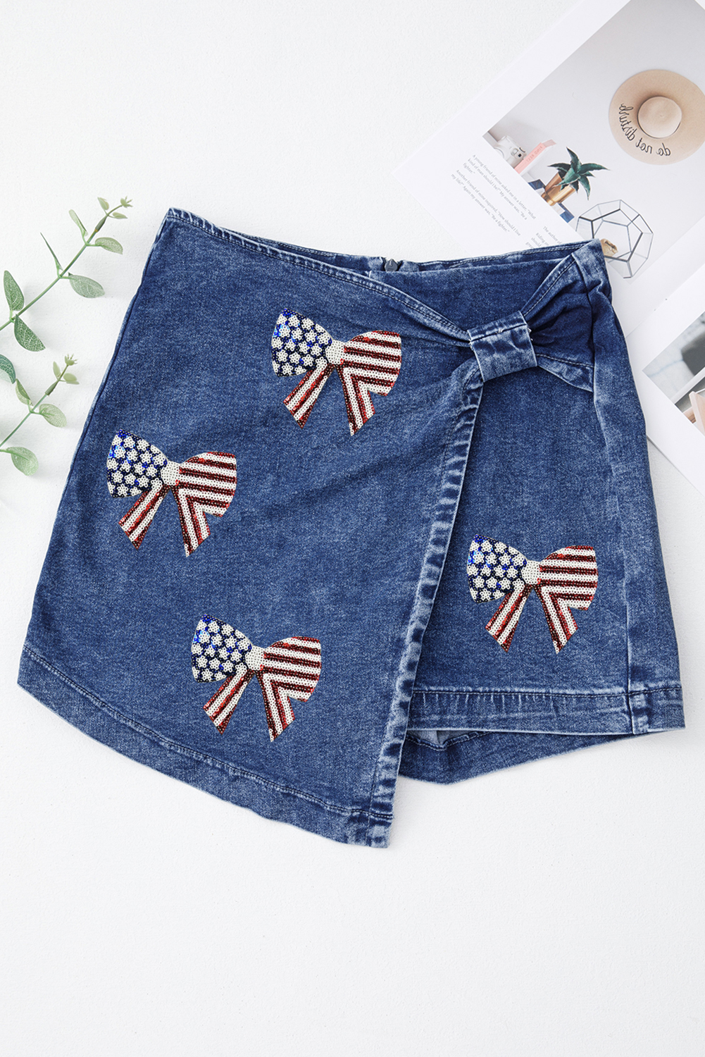 Sail Blue High Waist USA Flag Inspire Bow Patched Twisted Denim Skort Graphic Pants JT's Designer Fashion
