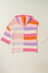 Pink Oversized Colorblock V Neck Hooded Sweater Sweaters JT's Designer Fashion