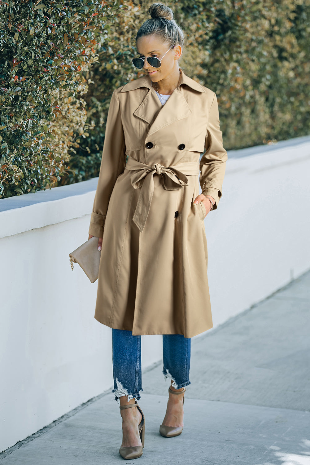 Pale Khaki Solid Color Lapel Collar Waist Tie Wind Coat Coats JT's Designer Fashion