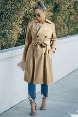 Pale Khaki Solid Color Lapel Collar Waist Tie Wind Coat Coats JT's Designer Fashion