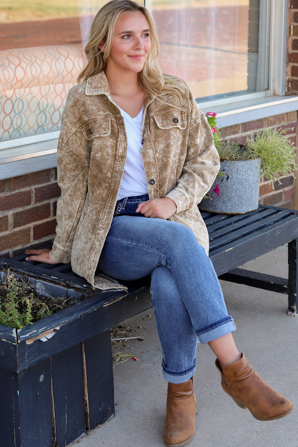 Khaki Vintage Distressed Mineral Wash Oversized Shacket Jackets JT's Designer Fashion