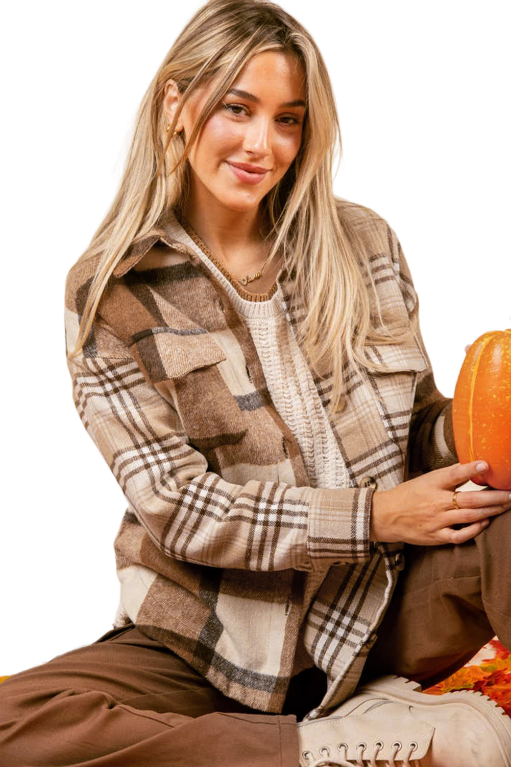 Light French Beige Flannel Plaid Double Flap Pocket Shacket Plaid Shackets JT's Designer Fashion