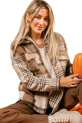 Light French Beige Flannel Plaid Double Flap Pocket Shacket Plaid Shackets JT's Designer Fashion