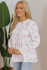 Pink Floral Print Shirred Balloon Sleeve Keyhole Back Babydoll Blouse Blouses & Shirts JT's Designer Fashion