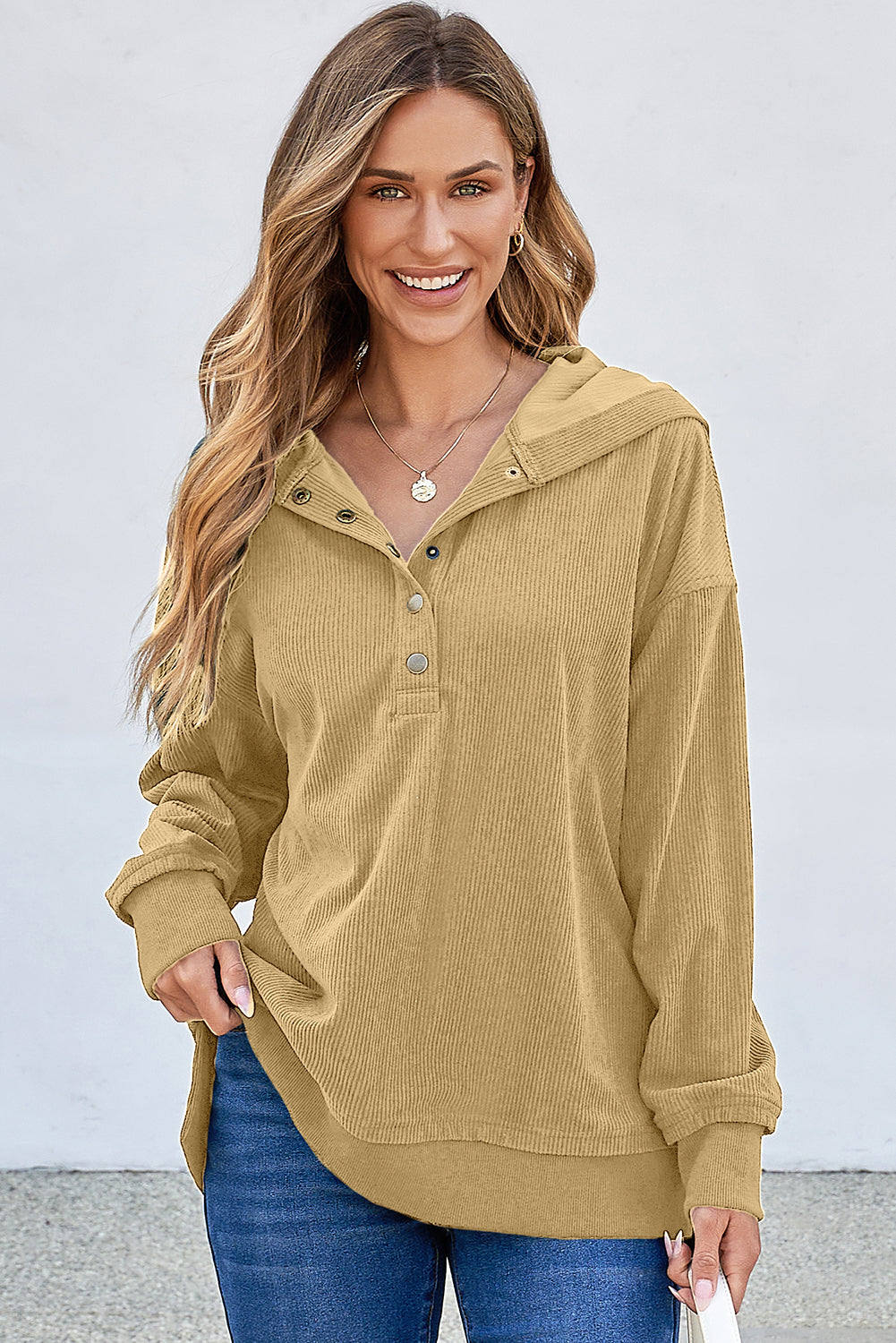 Simply Taupe Solid Ribbed Knit Buttoned Drop Shoulder Oversized Hoodie Sweatshirts & Hoodies JT's Designer Fashion