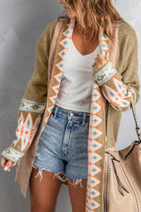 Khaki Aztec Print Open Front Knitted Cardigan Sweaters & Cardigans JT's Designer Fashion