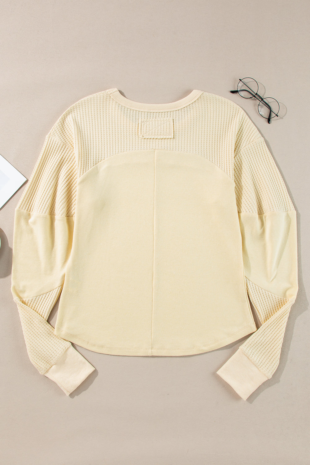 Beige Thermal Knit Patchwork Exposed Seam Long Sleeve Top Long Sleeve Tops JT's Designer Fashion