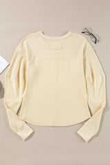 Beige Thermal Knit Patchwork Exposed Seam Long Sleeve Top Long Sleeve Tops JT's Designer Fashion