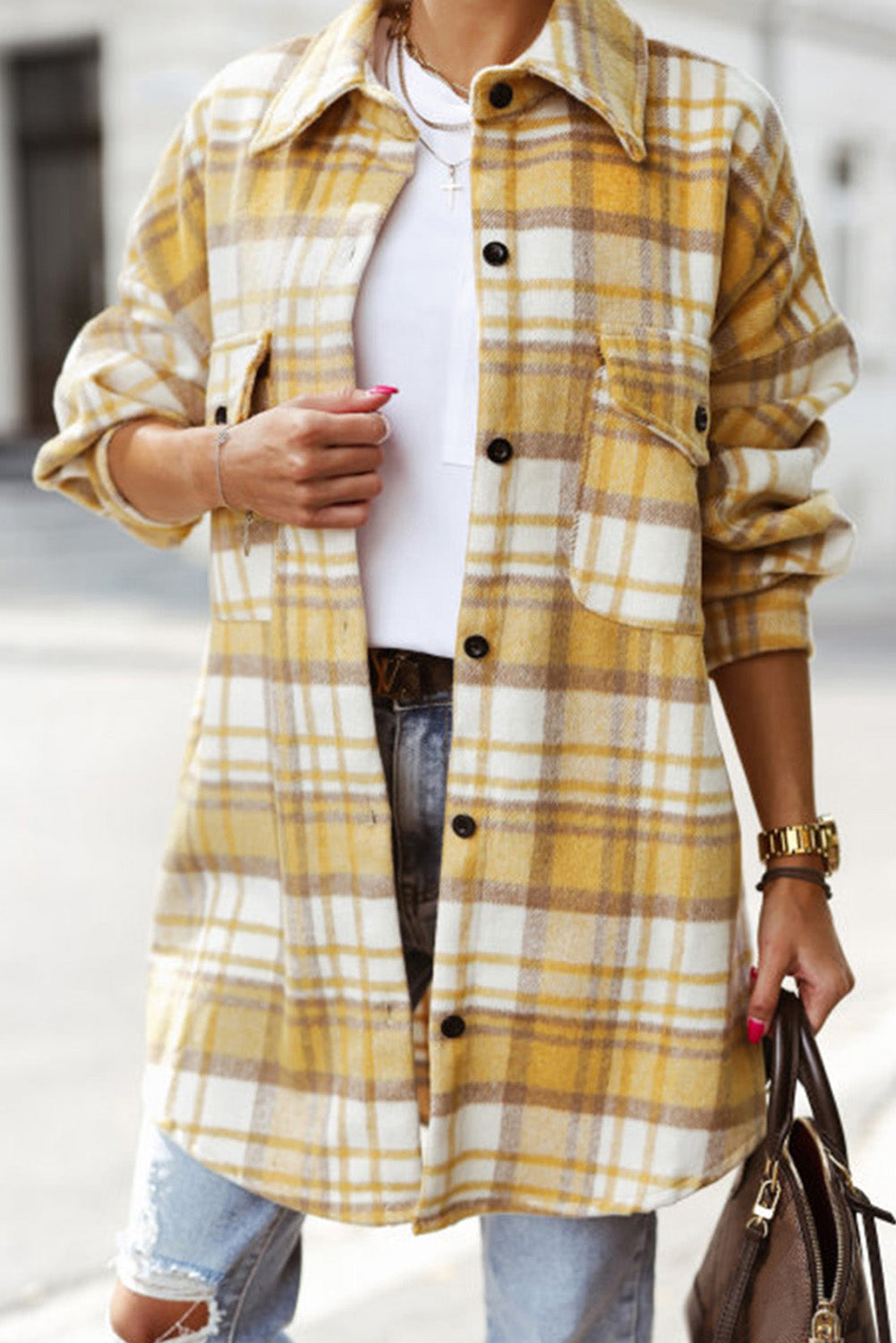 Yellow Plaid Flap Pocket Long Sleeve Shacket Yellow 100%Polyester Plaid Shackets JT's Designer Fashion