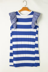 Sky Blue Stripe Contrast Ruffled Sleeve T-shirt Dress T Shirt Dresses JT's Designer Fashion