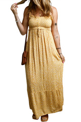 Yellow Frilly Smocked High Waist Floral Maxi Dress Dresses JT's Designer Fashion