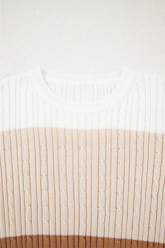 Khaki Colorblock Cable Knit Round Neck Sweater Sweaters JT's Designer Fashion