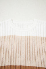 Khaki Colorblock Cable Knit Round Neck Sweater Sweaters JT's Designer Fashion