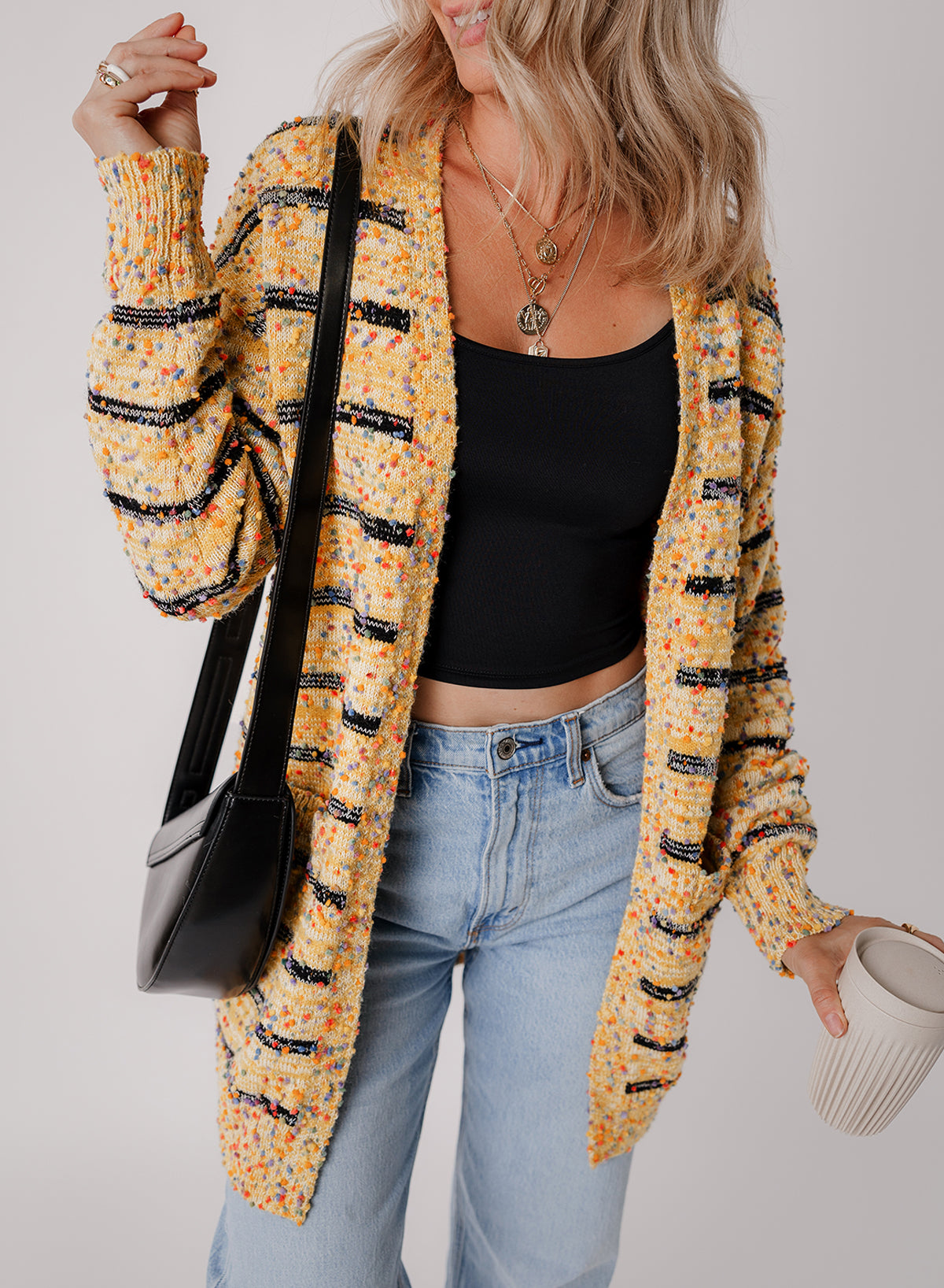 Beige Striped Pom Pom Knit Open Front Long Cardigan Cardigans JT's Designer Fashion