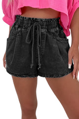 Black Drawstring High Waist Casual Denim Shorts with Pockets Denim Shorts JT's Designer Fashion