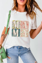 White MAMA Floral Block Graphic Casual T Shirt Graphic Tees JT's Designer Fashion