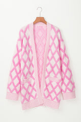 Pink Rhombus Pattern Knit Open Front Pocketed Cardigans Cardigans JT's Designer Fashion