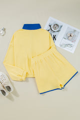 Yellow Color Block Patchwork Half Button Pullover and Shorts 2pcs Outfit Short Sets JT's Designer Fashion