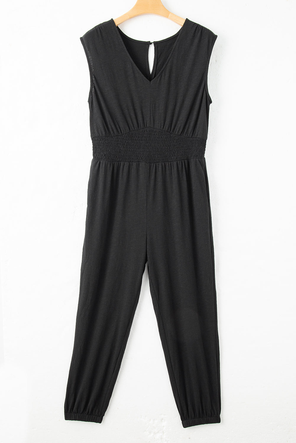 Black Plus Smocked High Waist Sleeveless V Neck Jumpsuit Plus Size Bottoms JT's Designer Fashion