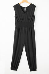 Black Plus Smocked High Waist Sleeveless V Neck Jumpsuit Plus Size Bottoms JT's Designer Fashion