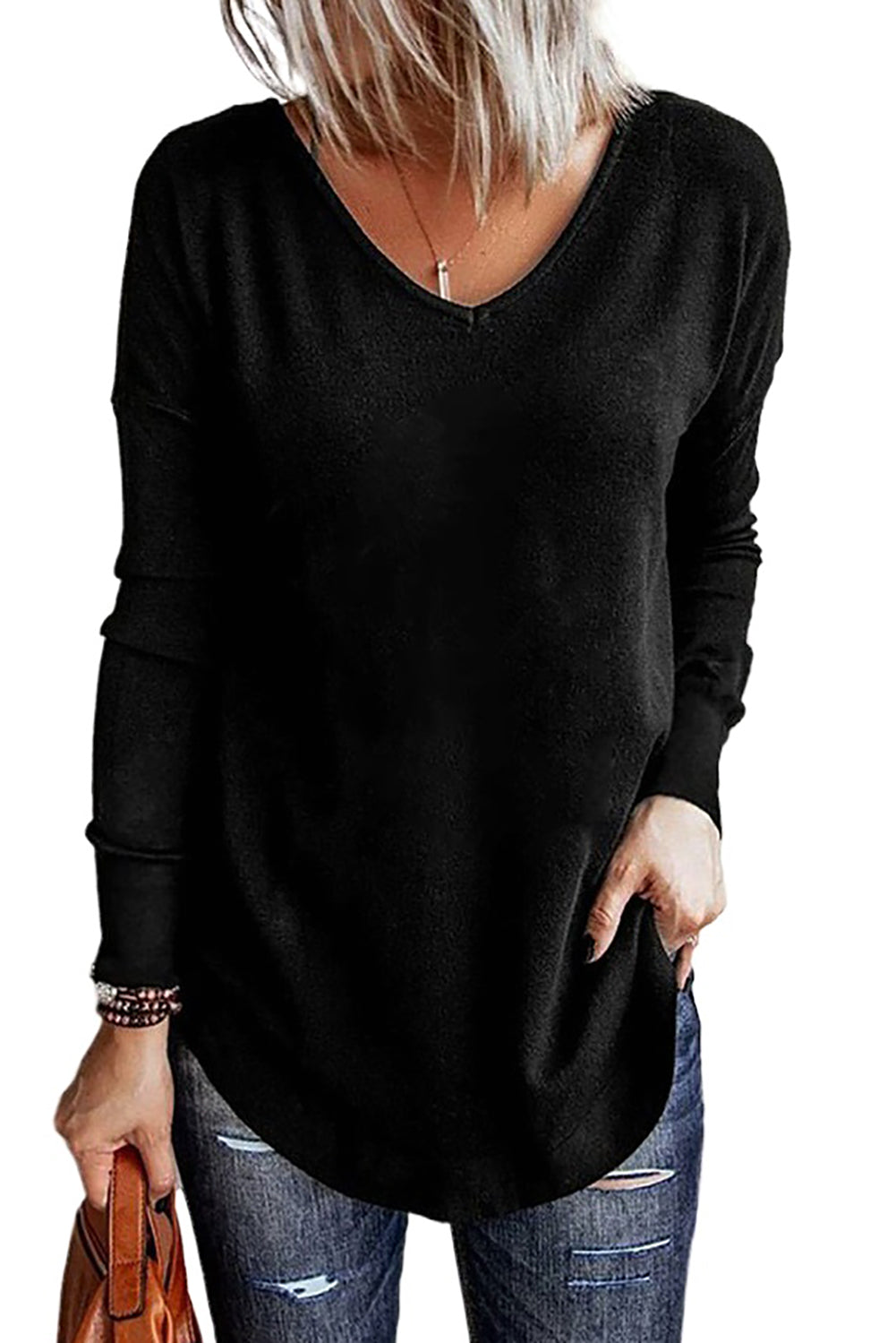 Black Solid Color V Neck Long Sleeve Knit Top Long Sleeve Tops JT's Designer Fashion