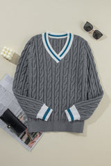 Medium Grey Color Contrast Ribbed Edge Cable Knit V Neck Sweater Sweaters JT's Designer Fashion