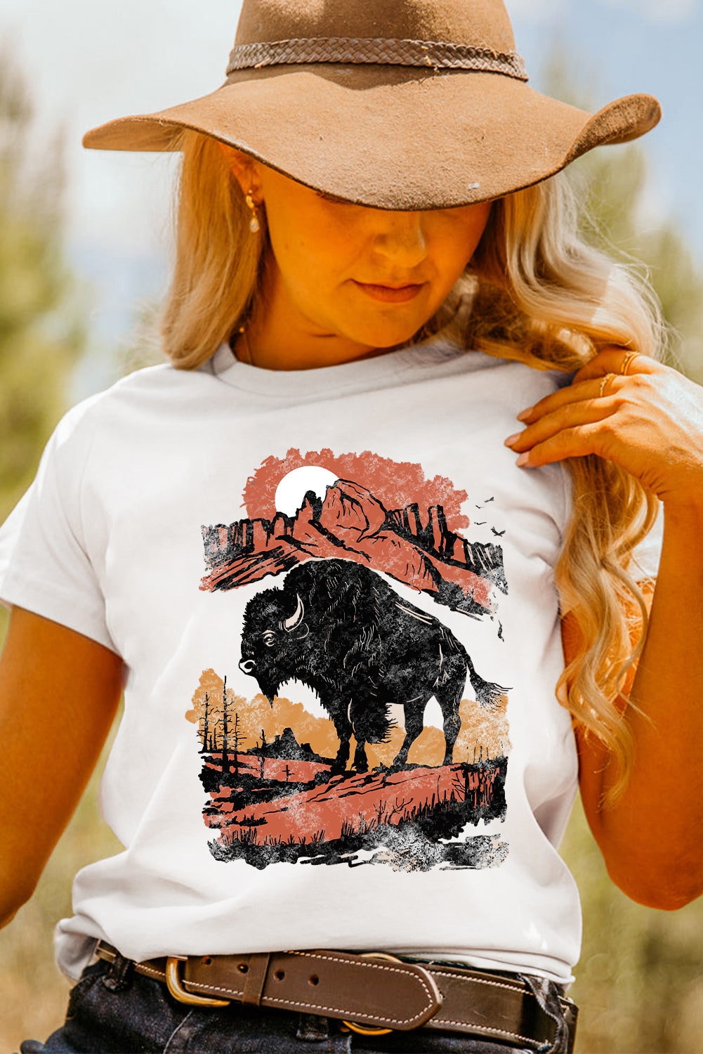 White Western Buffalo On Plains Graphic Crew Neck Tee Graphic Tees JT's Designer Fashion