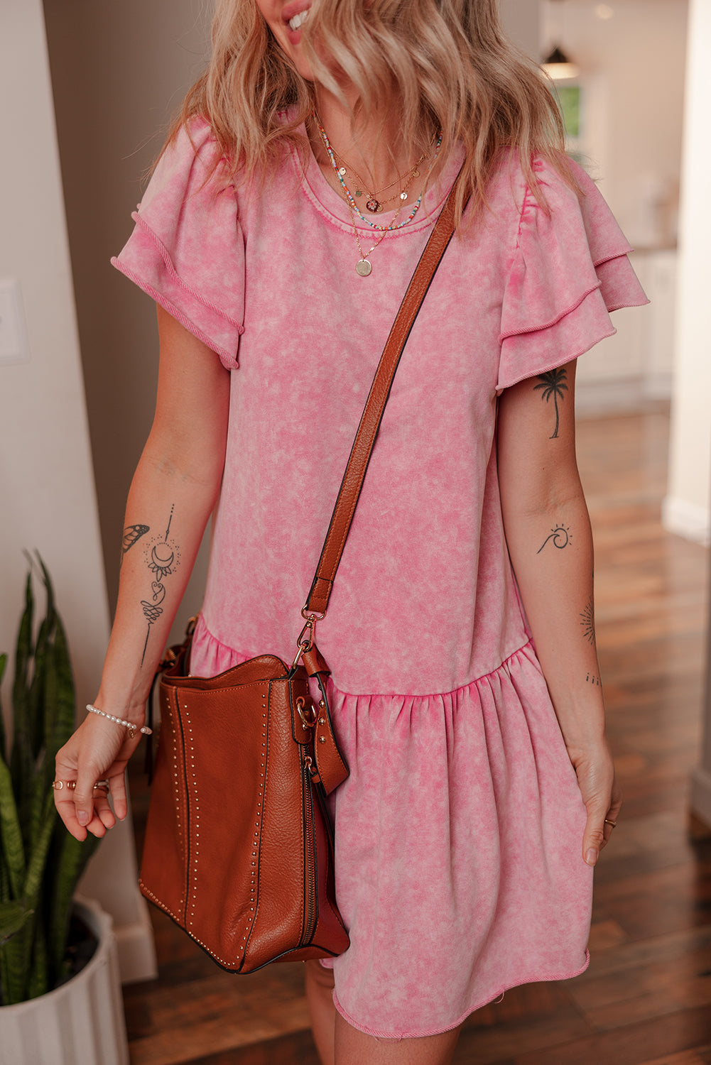 Sachet Pink Mineral Wash Raw Edge Ruffle Mini Dress Mini Dresses JT's Designer Fashion