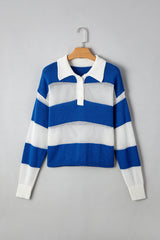 Blue Stripe Colorblock Polo Collar Eyelet Crochet Knitted Sweater Sweaters JT's Designer Fashion
