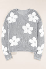 Light Grey Big Flower Hollowed Knit Drop Shoulder Sweater Sweaters JT's Designer Fashion