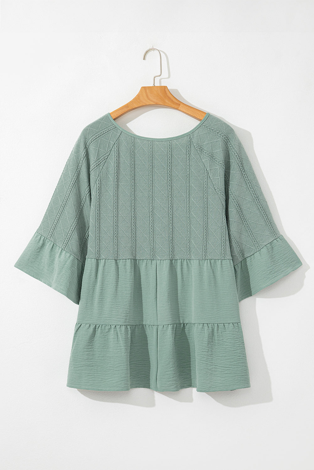 Laurel Green Tie Split Neck Textured Ruffle Patchwork Blouse Blouses & Shirts JT's Designer Fashion
