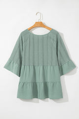 Laurel Green Tie Split Neck Textured Ruffle Patchwork Blouse Blouses & Shirts JT's Designer Fashion