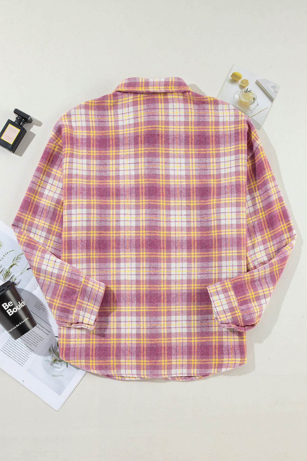 Pink Plaid Print Chest Pocket Long Sleeve Shacket Plaid Shackets JT's Designer Fashion