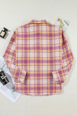 Pink Plaid Print Chest Pocket Long Sleeve Shacket Plaid Shackets JT's Designer Fashion