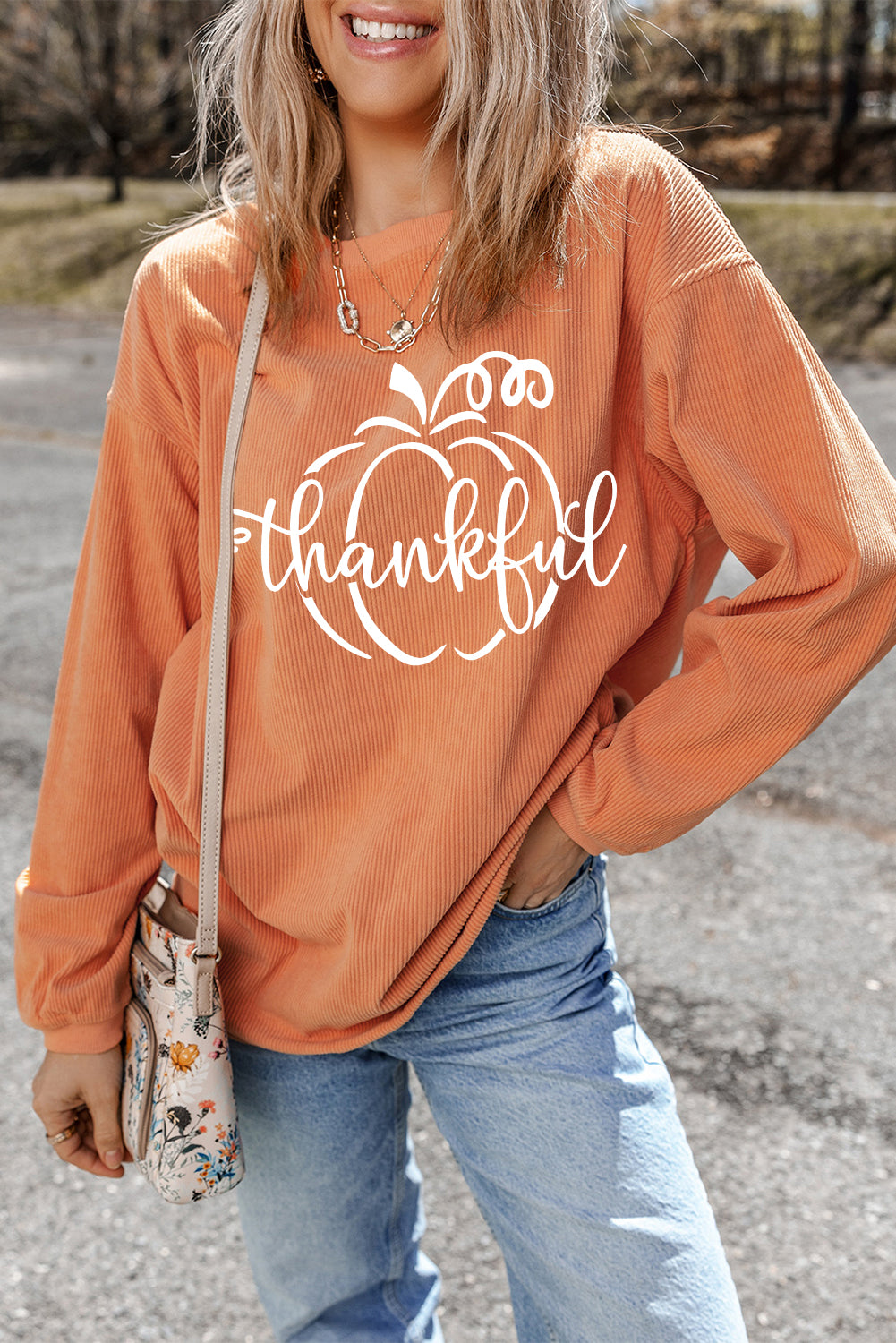 Orange Pumpkin thankful Graphic Corded Thanksgiving Sweatshirt Graphic Sweatshirts JT's Designer Fashion