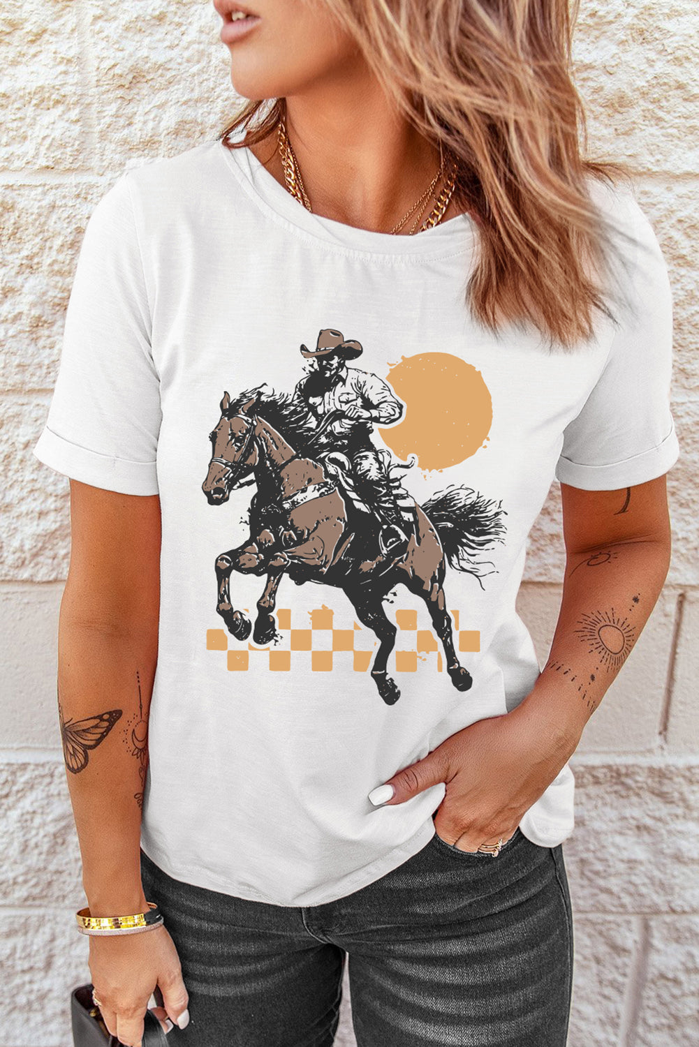 White Sunset Cowboy Print Western Fashion T Shirt Graphic Tees JT's Designer Fashion