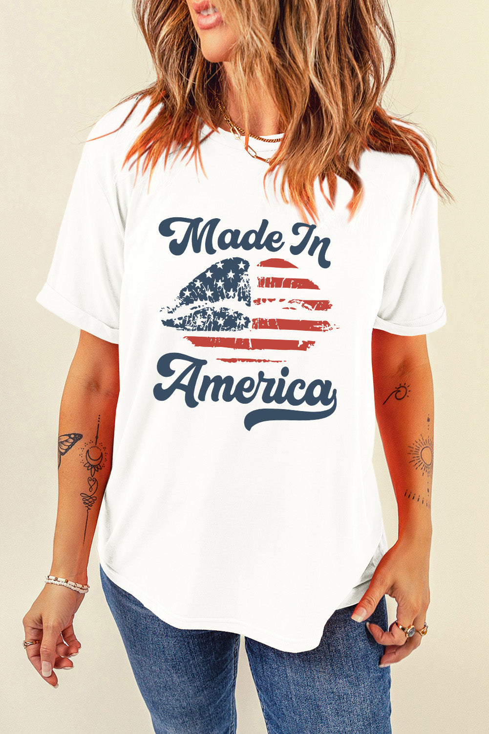 White Made in America Lip Printed O Neck T Shirt Graphic Tees JT's Designer Fashion