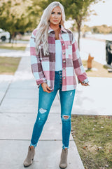 Plaid Color Block Buttoned Long Sleeve Jacket with Pocket Plaid Shackets JT's Designer Fashion