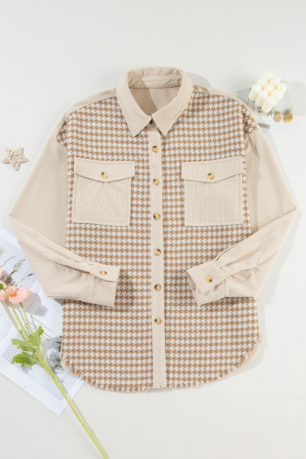 Parchment Houndstooth Corduroy Patchwork Flap Pocket Shacket Jackets JT's Designer Fashion