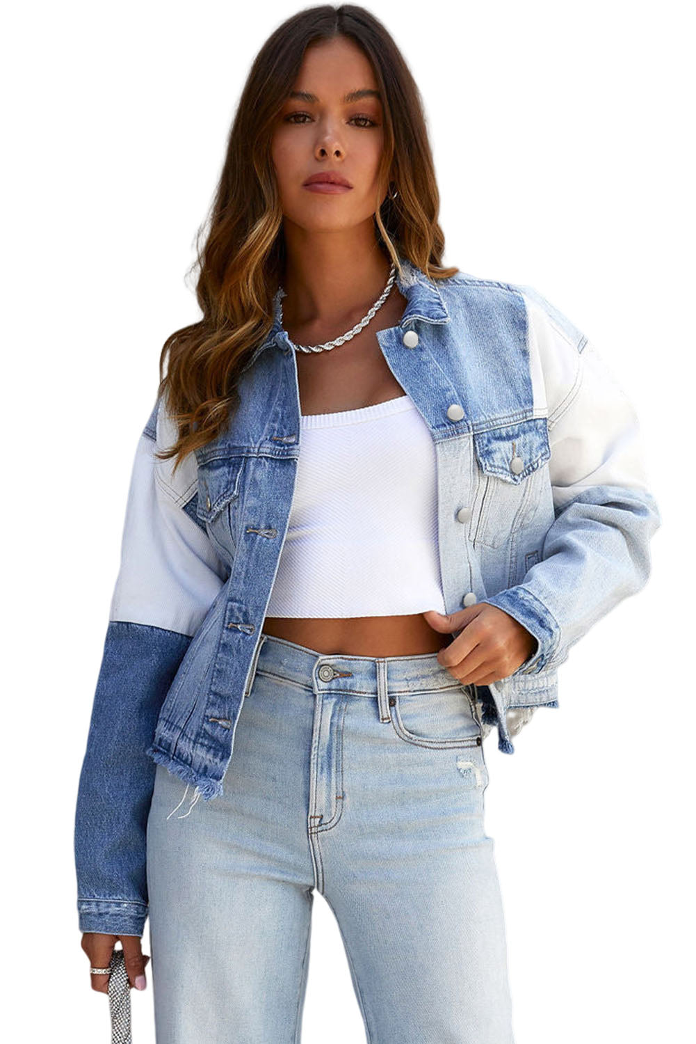 Sky Blue Color Block Denim Patchwork Frayed Hem Jacket Denim Jackets JT's Designer Fashion